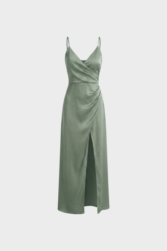 Women's Satin Maxi Dress with Wrap Design and Slit