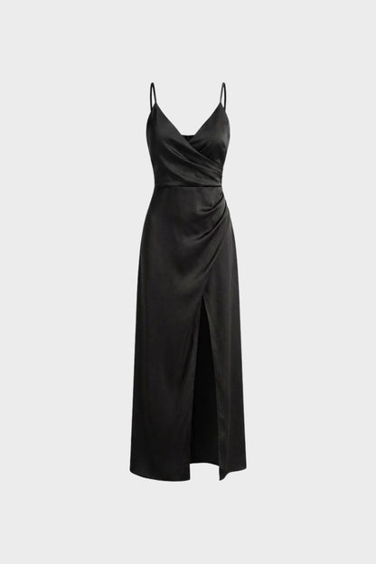 Women's Satin Maxi Dress with Wrap Design and Slit