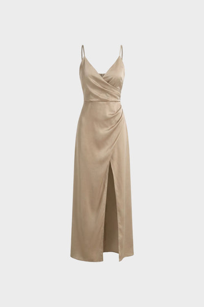 Women's Satin Maxi Dress with Wrap Design and Slit