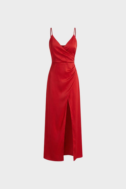 Women's Satin Maxi Dress with Wrap Design and Slit