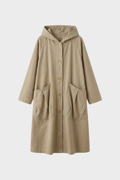 Women's Long Hooded Coat with Button Placket
