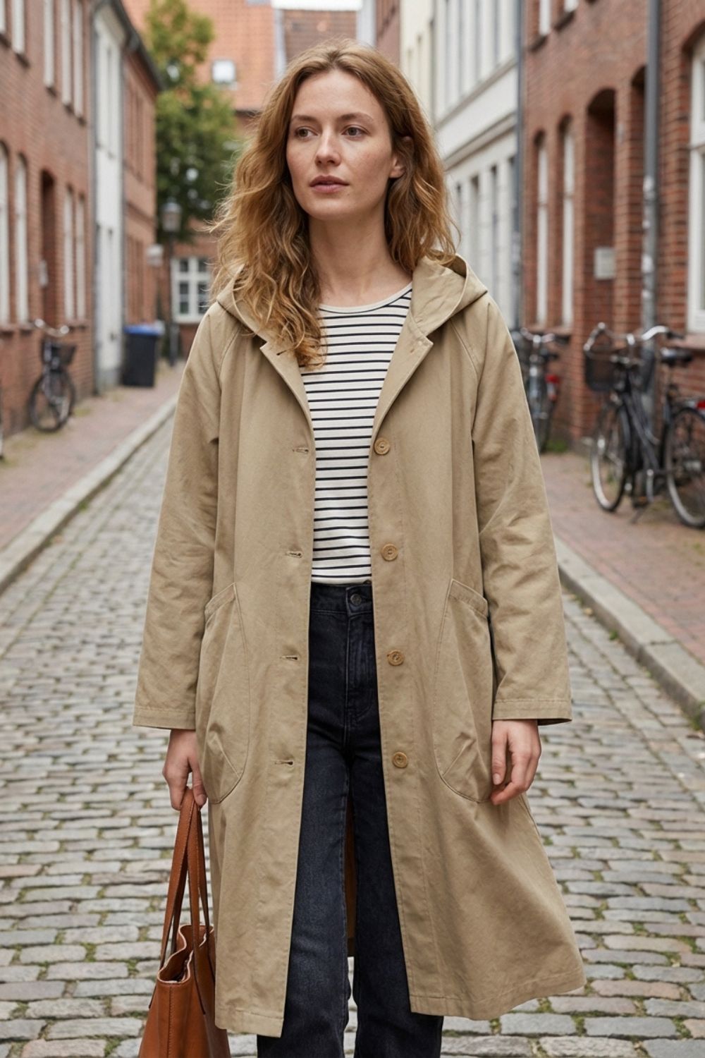 Women's Long Hooded Coat with Button Placket