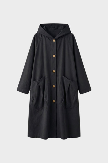 Women's Long Hooded Coat with Button Placket