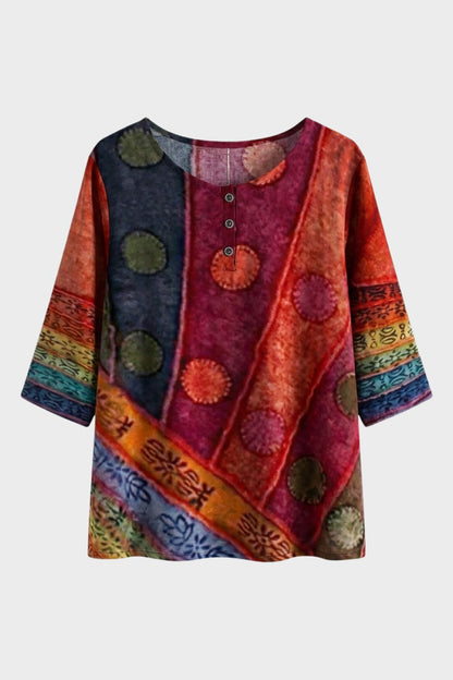 Women's 3/4 Sleeve Round Neck Blouse - Colorful Pattern