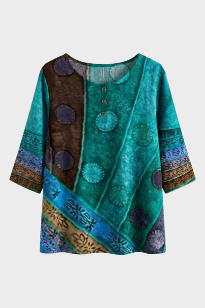 Women's 3/4 Sleeve Round Neck Blouse - Colorful Pattern