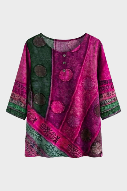 Women's 3/4 Sleeve Round Neck Blouse - Colorful Pattern