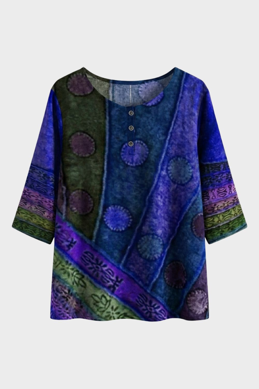 Women's 3/4 Sleeve Round Neck Blouse - Colorful Pattern