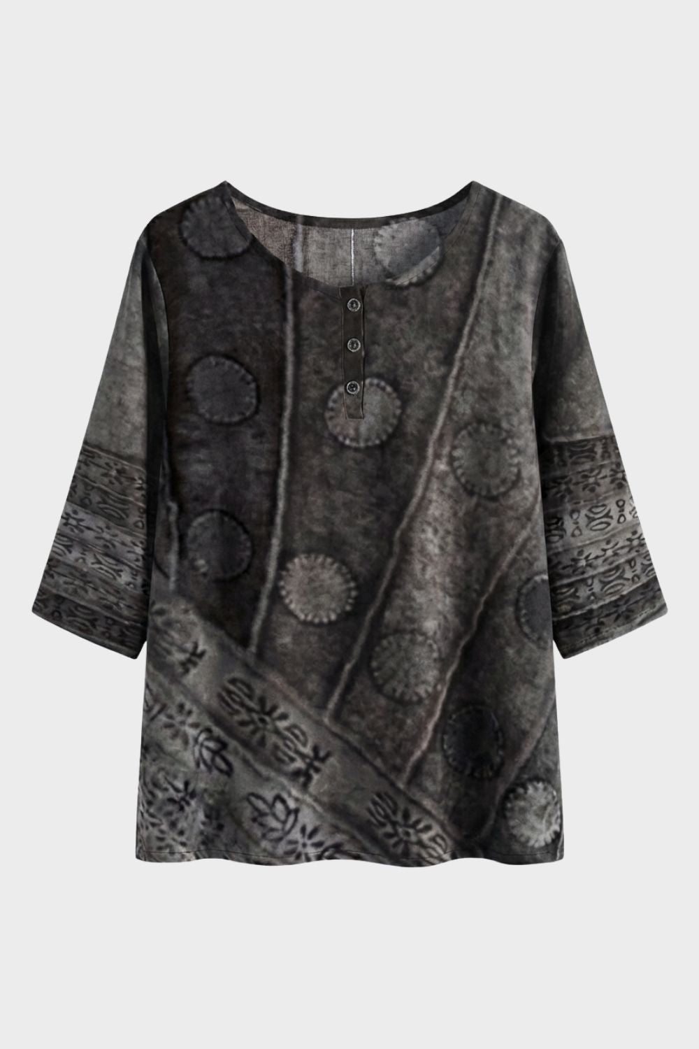 Women's 3/4 Sleeve Round Neck Blouse - Colorful Pattern