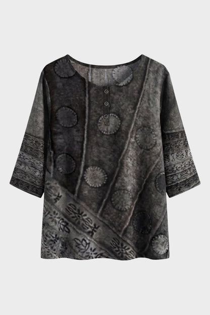Women's 3/4 Sleeve Round Neck Blouse - Colorful Pattern