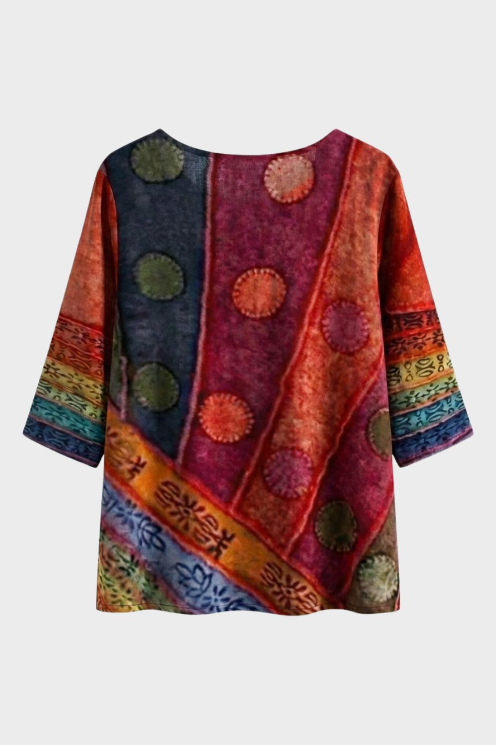 Women's 3/4 Sleeve Round Neck Blouse - Colorful Pattern