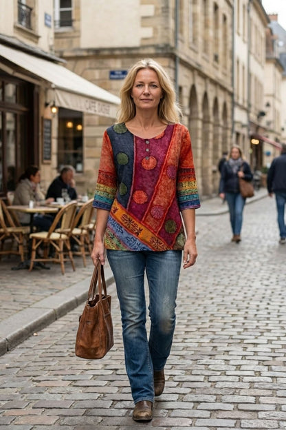 Women's 3/4 Sleeve Round Neck Blouse - Colorful Pattern