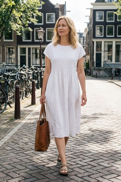 Short Sleeve Round Neck Midi Dress for Women