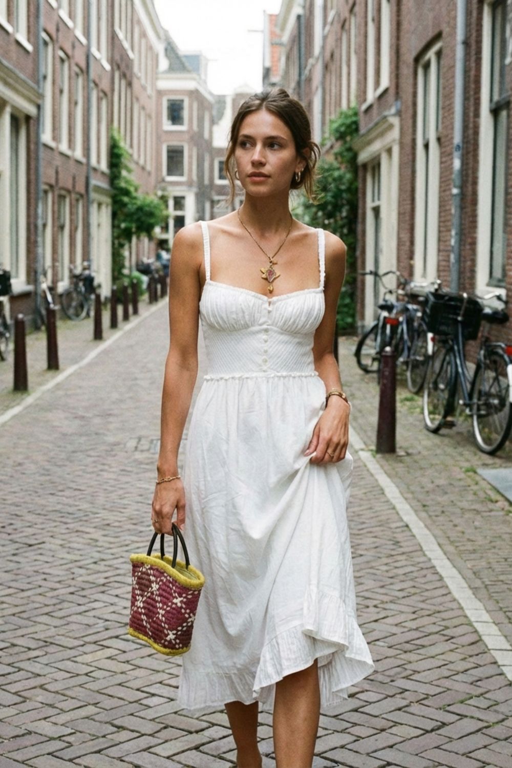 Women's Midi Summer Dress with Straps and Gathering