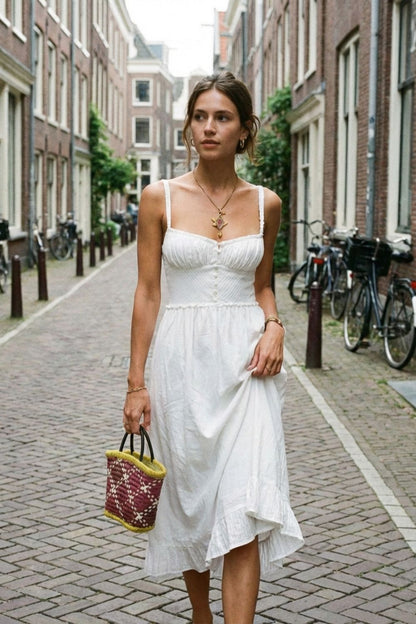 Women's Midi Summer Dress with Straps and Gathering