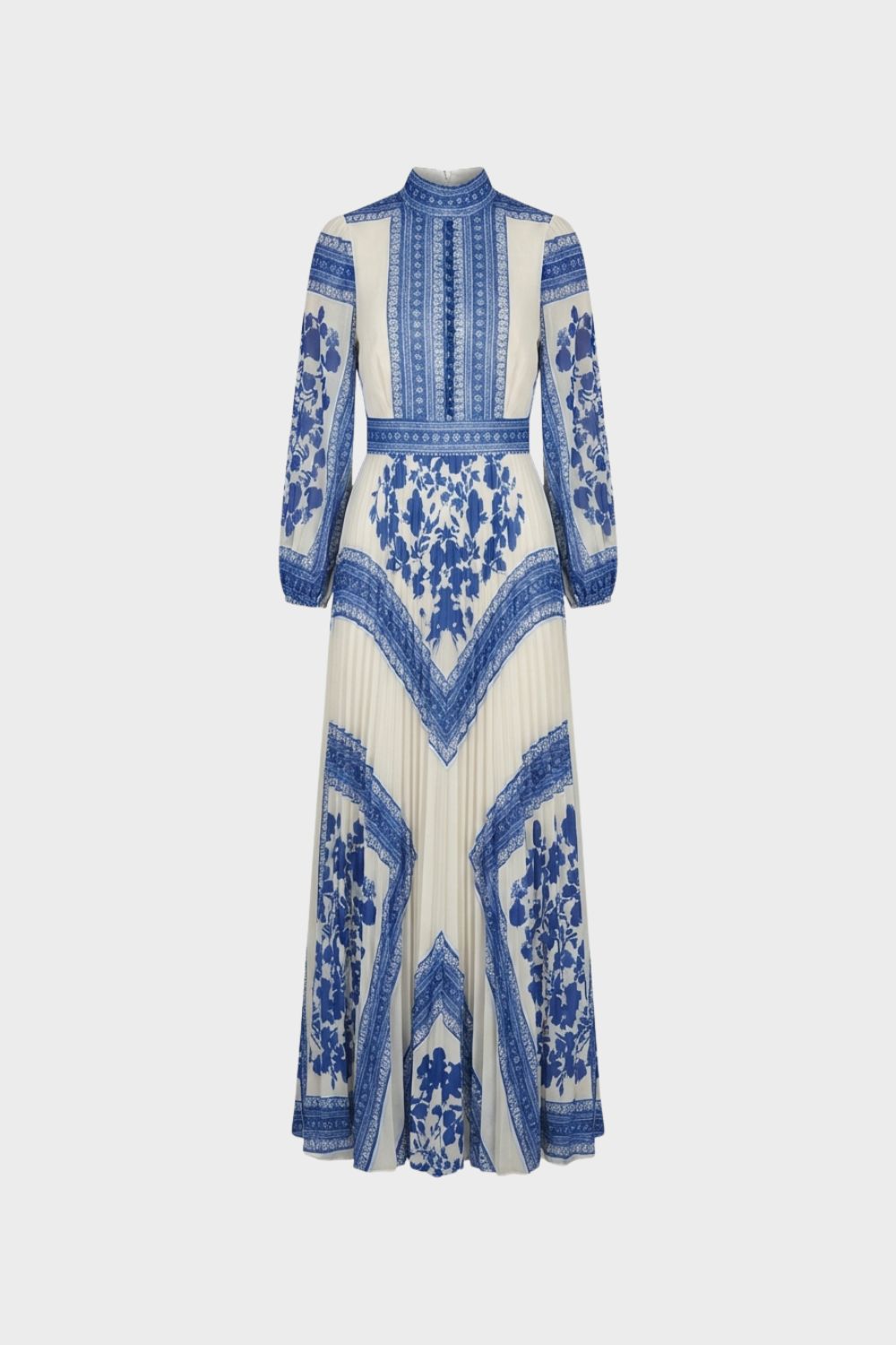 Women's Patterned Long Sleeve Maxi Dress with Stand-Up Collar