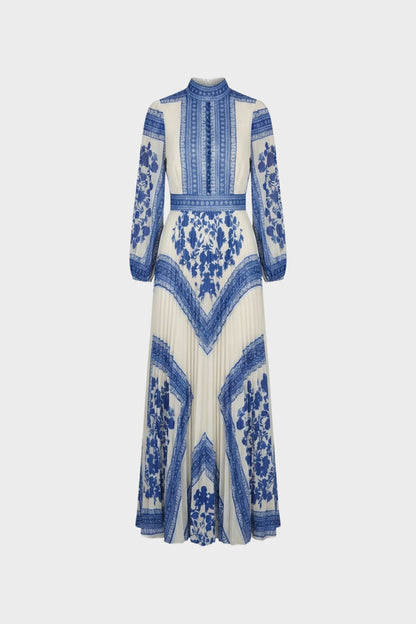 Women's Patterned Long Sleeve Maxi Dress with Stand-Up Collar
