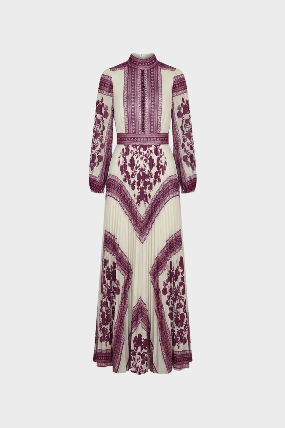 Women's Patterned Long Sleeve Maxi Dress with Stand-Up Collar