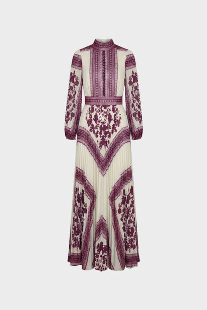 Women's Patterned Long Sleeve Maxi Dress with Stand-Up Collar