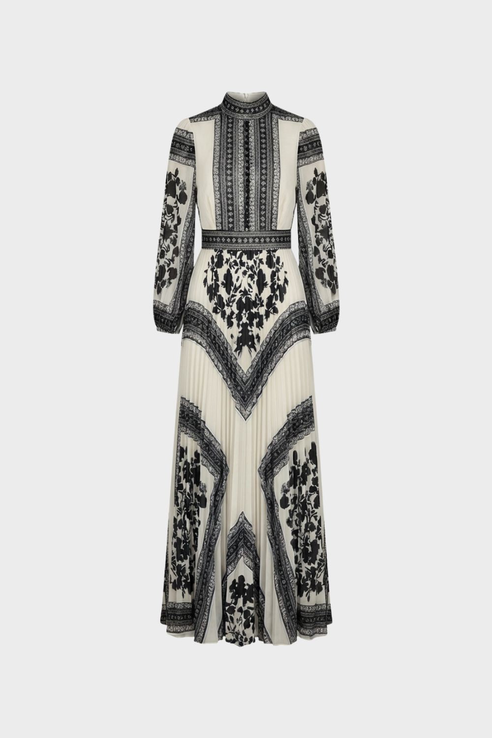 Women's Patterned Long Sleeve Maxi Dress with Stand-Up Collar