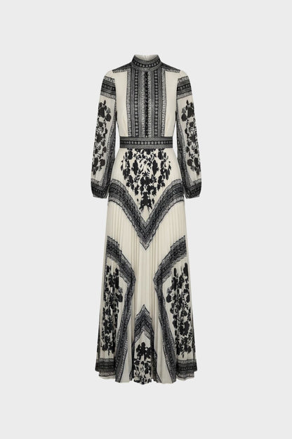 Women's Patterned Long Sleeve Maxi Dress with Stand-Up Collar