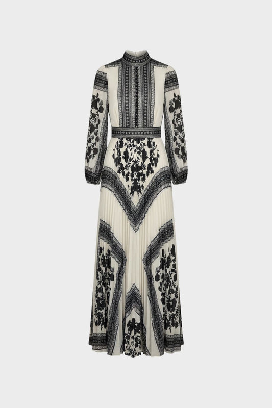 Women's Patterned Long Sleeve Maxi Dress with Stand-Up Collar