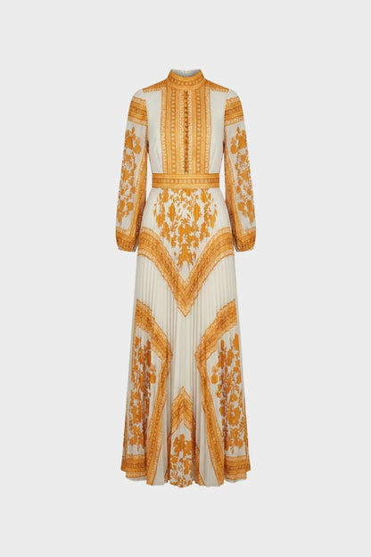Women's Patterned Long Sleeve Maxi Dress with Stand-Up Collar