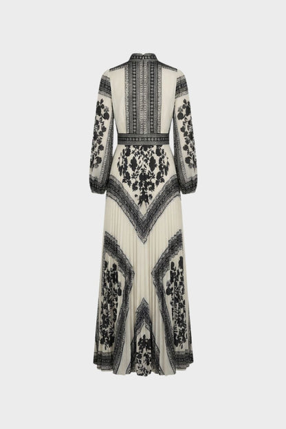 Women's Patterned Long Sleeve Maxi Dress with Stand-Up Collar