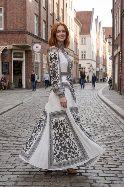 Women's Patterned Long Sleeve Maxi Dress with Stand-Up Collar
