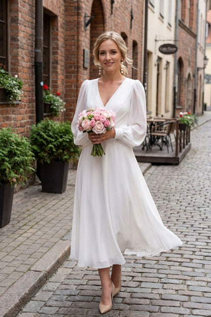 Women's V-Neck Long Sleeve Midi Dress