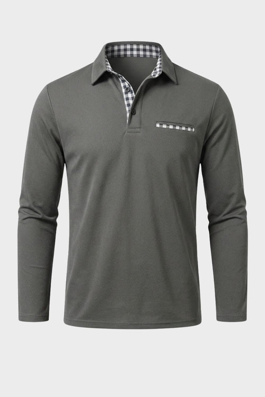 Men's Long Sleeve Polo Shirt with Collar & Chest Pocket