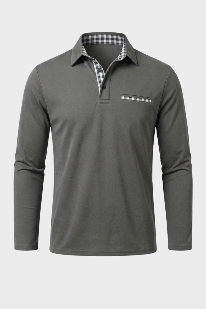 Men's Long Sleeve Polo Shirt with Collar & Chest Pocket