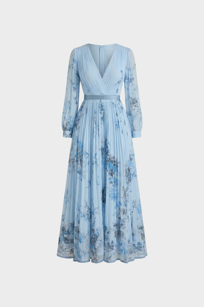 Women's V-Neck Midi Dress with Pleats