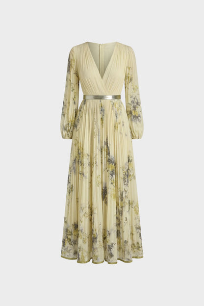Women's V-Neck Midi Dress with Pleats