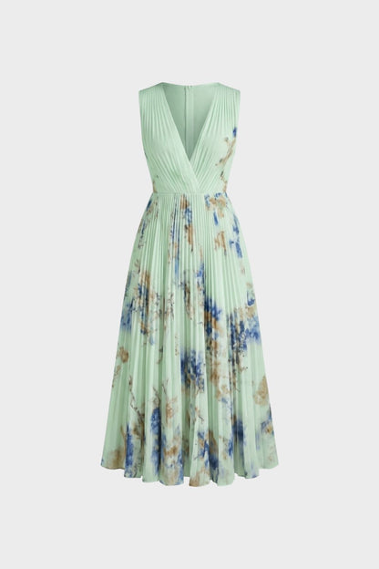 Women's V-Neck Midi Dress with Pleats
