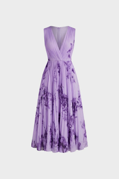 Women's V-Neck Midi Dress with Pleats