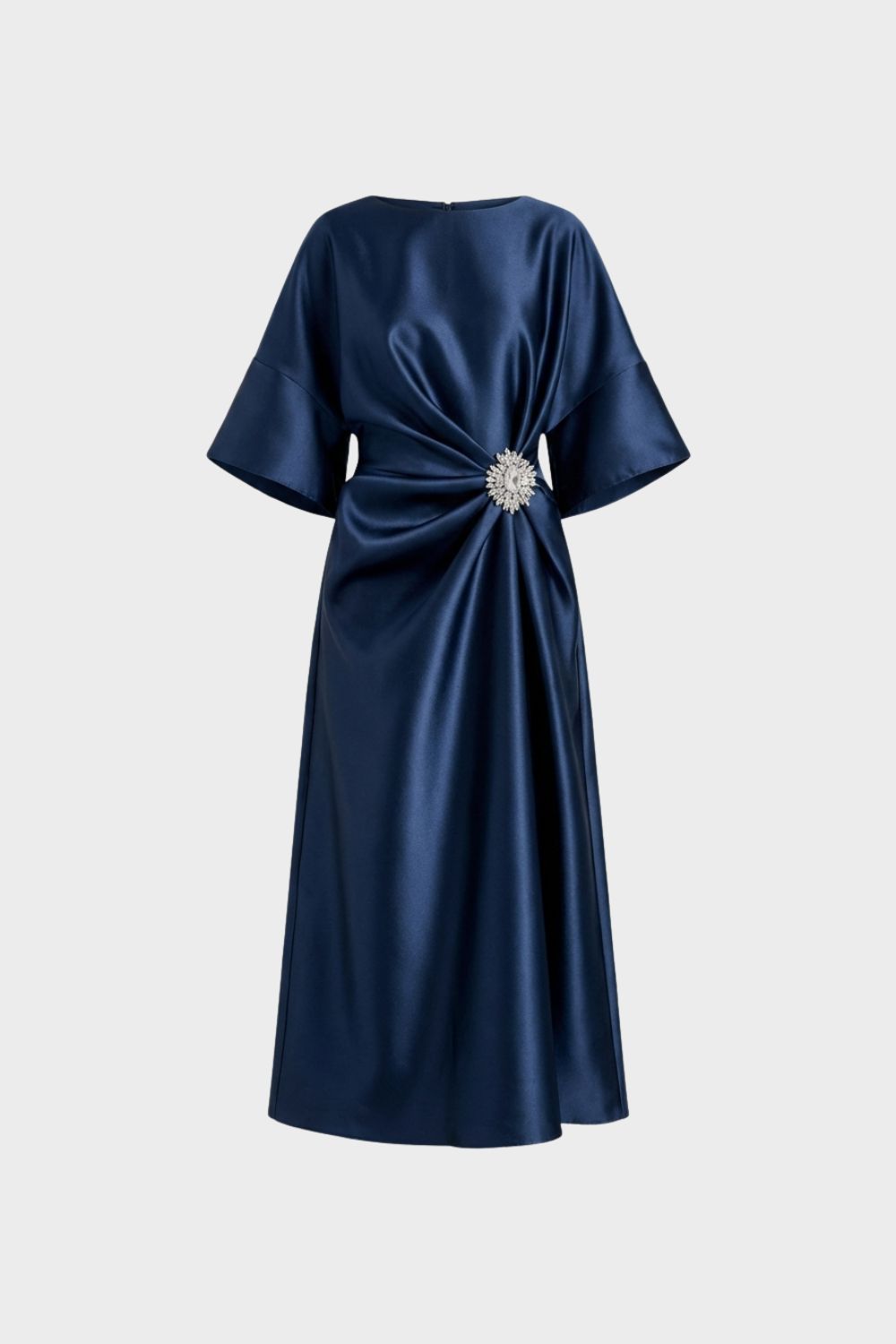 Women's Midi Satin Evening Dress with Draping and Brooch