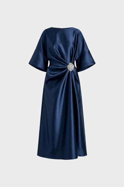 Women's Midi Satin Evening Dress with Draping and Brooch