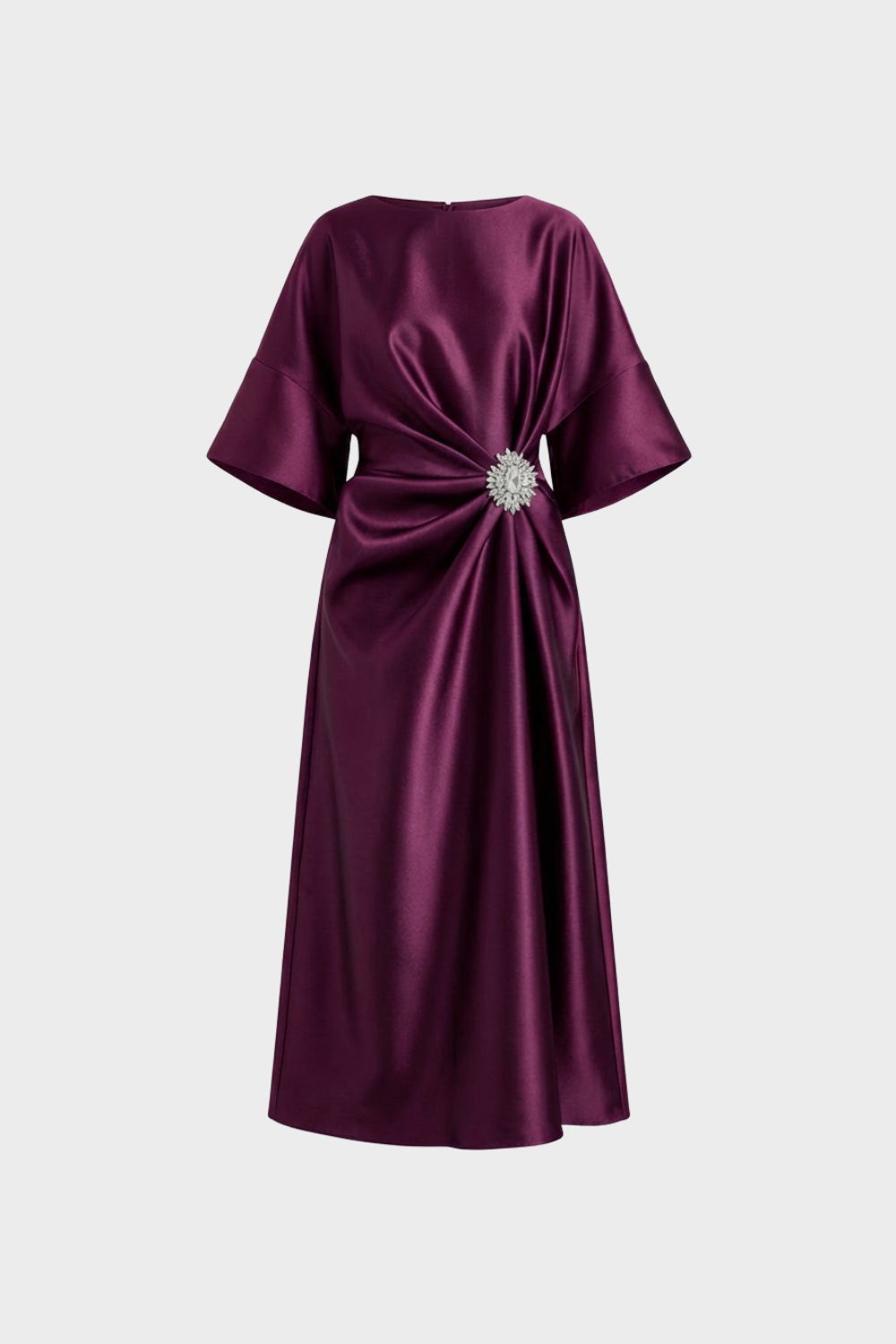 Women's Midi Satin Evening Dress with Draping and Brooch