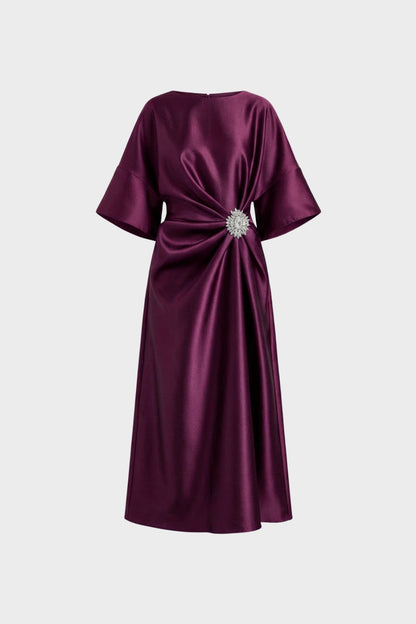 Women's Midi Satin Evening Dress with Draping and Brooch