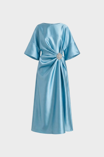 Women's Midi Satin Evening Dress with Draping and Brooch