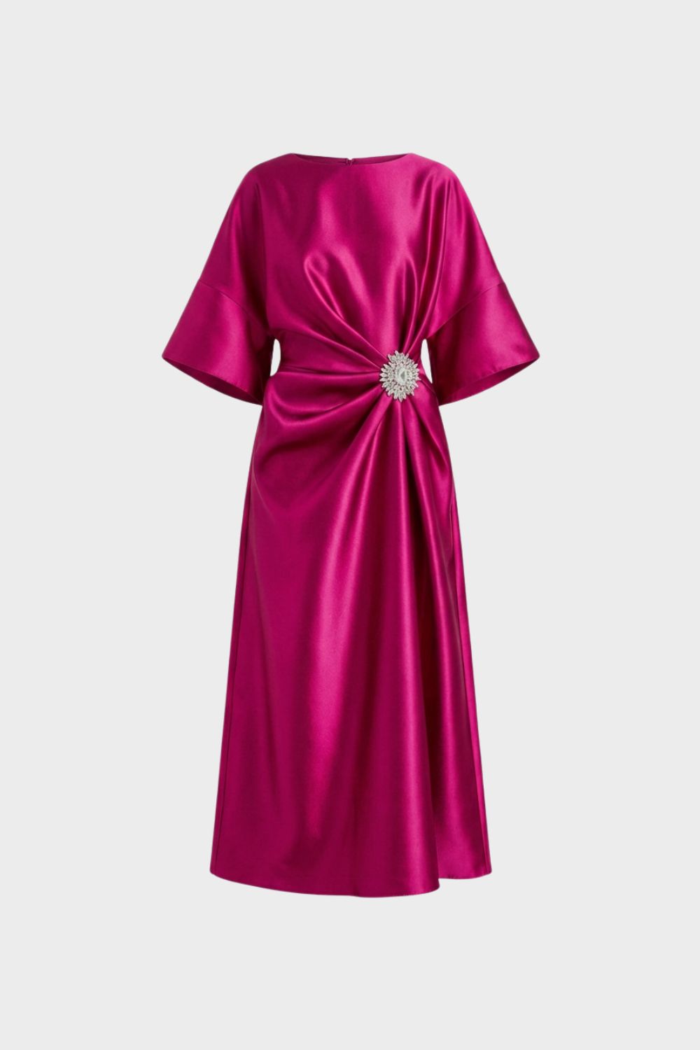 Women's Midi Satin Evening Dress with Draping and Brooch