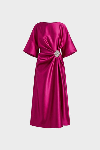 Women's Midi Satin Evening Dress with Draping and Brooch