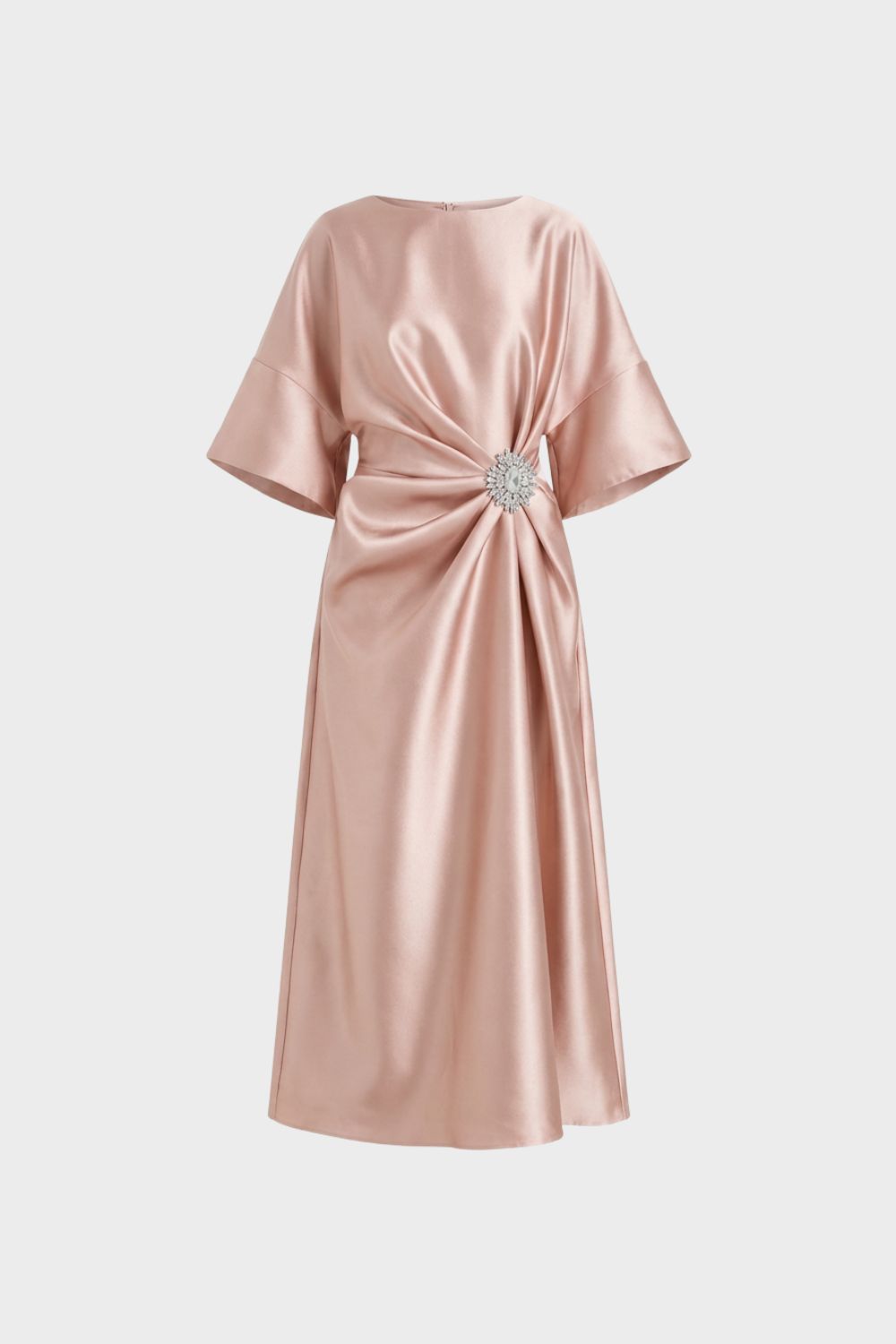 Women's Midi Satin Evening Dress with Draping and Brooch