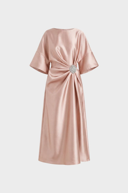 Women's Midi Satin Evening Dress with Draping and Brooch