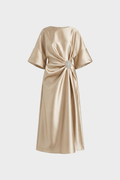 Women's Midi Satin Evening Dress with Draping and Brooch