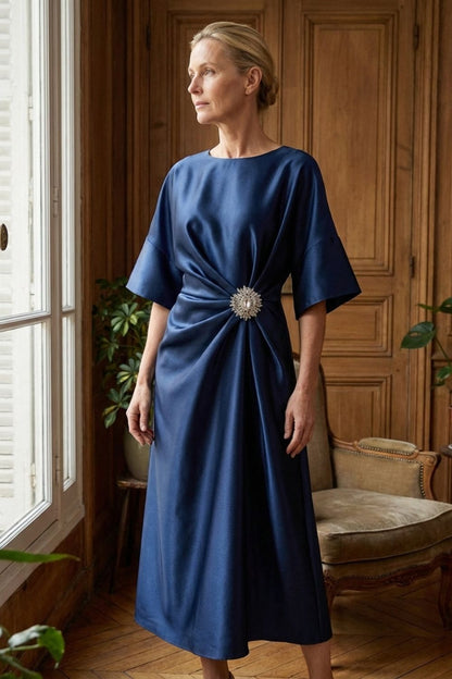 Women's Midi Satin Evening Dress with Draping and Brooch