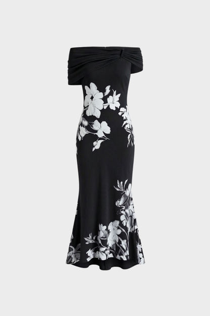 Women's Floral Print Off-Shoulder Maxi Dress – Figure-Hugging
