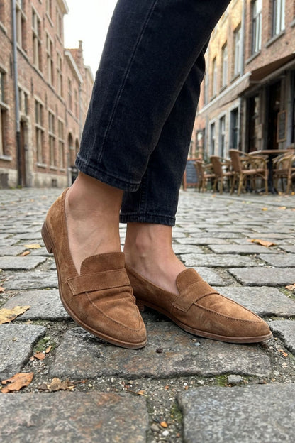 Brown Suede Pointed Loafers for Women