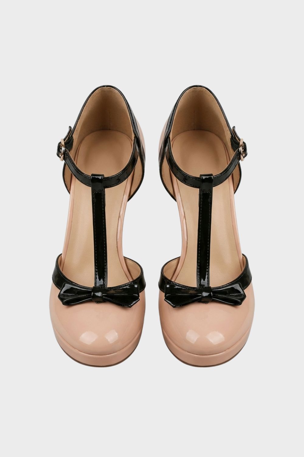 Nude Women's Mary Jane Pumps with T-Bar and Bow – Patent Finish