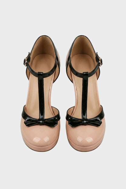 Nude Women's Mary Jane Pumps with T-Bar and Bow – Patent Finish